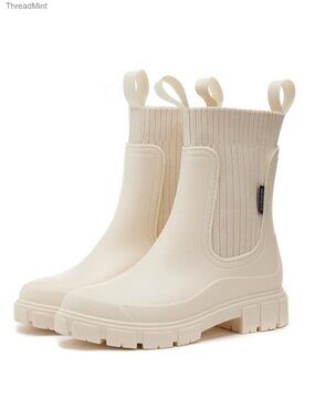 Waterproof Lug Sole Chelsea Rain Boots Chunky Heel Platform Non-Slip Rubber